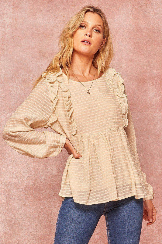 A Semi-sheer Striped Woven Top: Beige - minbolu -