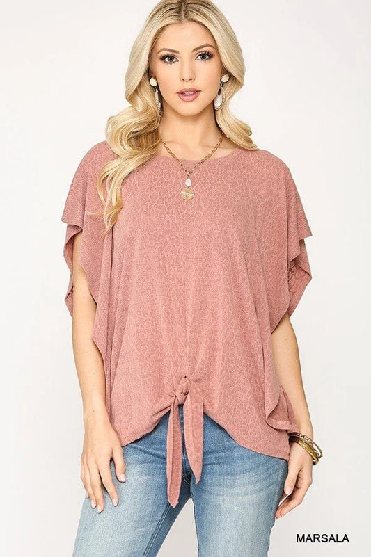 Leopard Jacquard Knit Jersey Top With Front Tie, Ruffled Sleeve - minbolu -