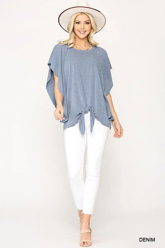 Leopard Jacquard Knit Jersey Top With Front Tie, Ruffled Sleeve - minbolu -