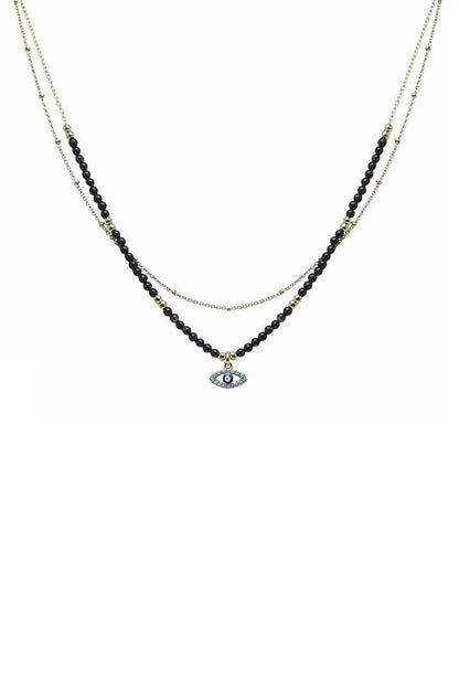 2 Layered Metal Seed Bead Evil Eye Pendant Necklace - minbolu -