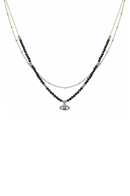 2 Layered Metal Seed Bead Evil Eye Pendant Necklace - minbolu -