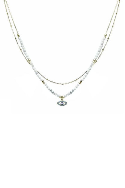 2 Layered Metal Seed Bead Evil Eye Pendant Necklace - minbolu -