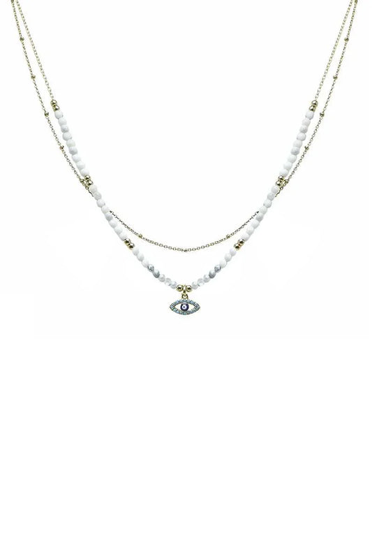 2 Layered Metal Seed Bead Evil Eye Pendant Necklace - minbolu -