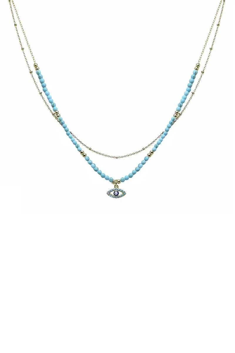 2 Layered Metal Seed Bead Evil Eye Pendant Necklace - minbolu -