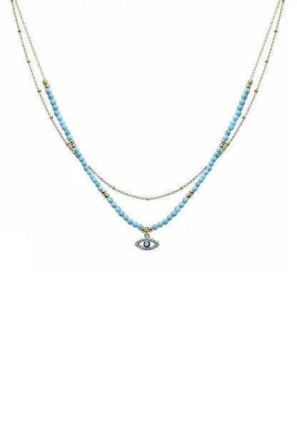2 Layered Metal Seed Bead Evil Eye Pendant Necklace - minbolu -