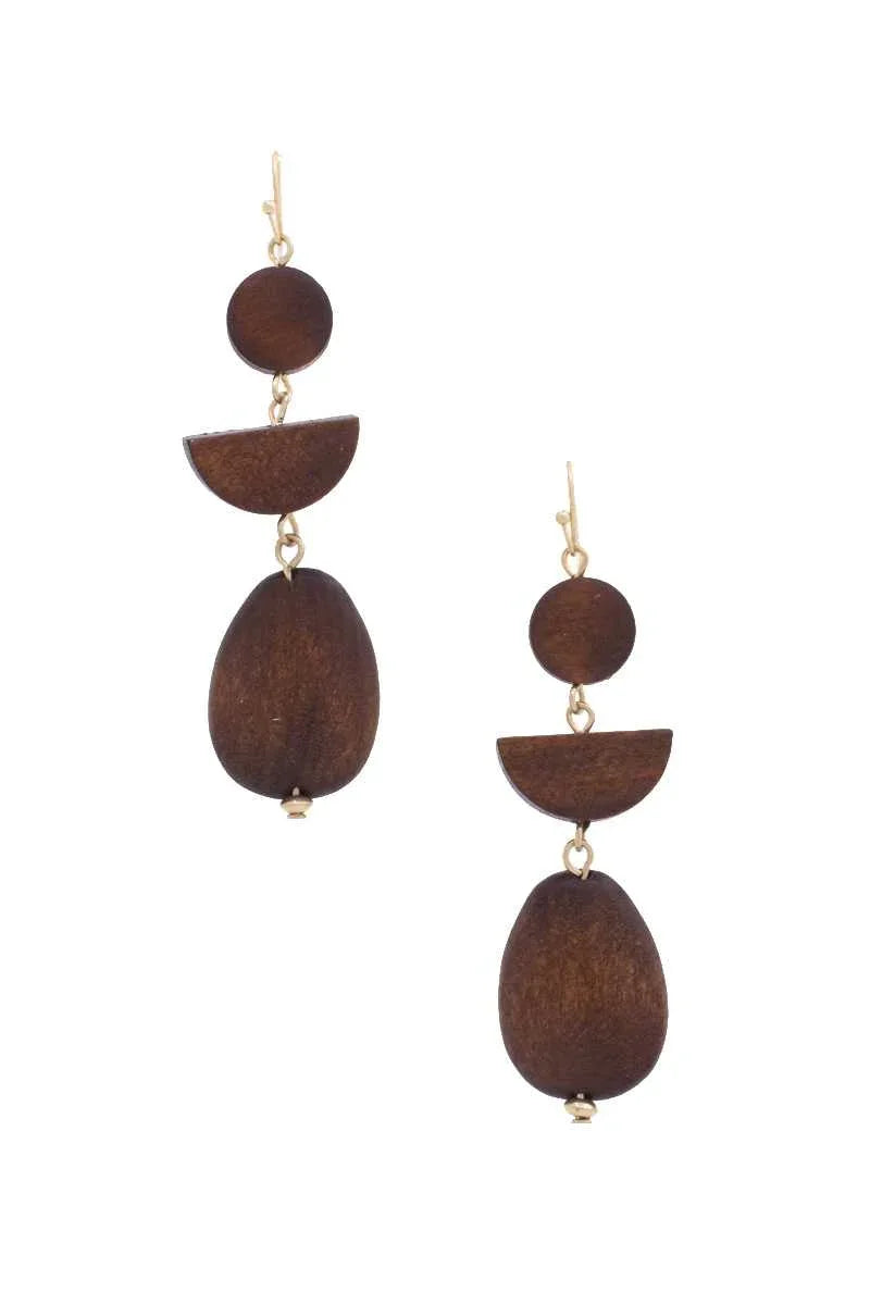 Geometric Wood Bead Dangle Earring - minbolu -