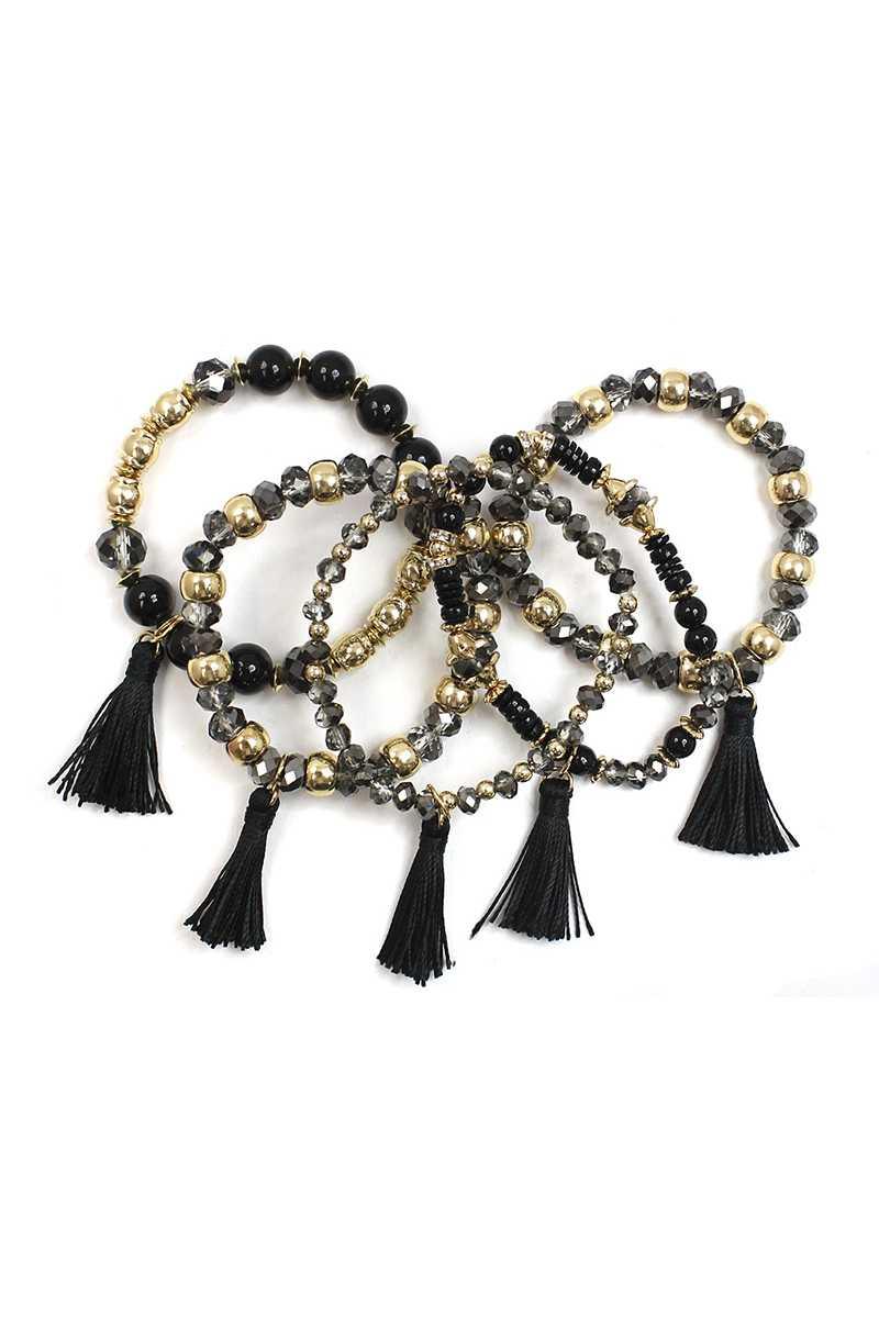 Crystal Stone Ball Bead Tassel Stretch Bracelet Set - minbolu -