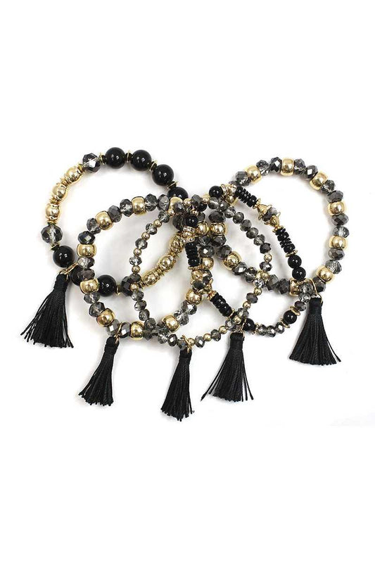 Crystal Stone Ball Bead Tassel Stretch Bracelet Set - minbolu -
