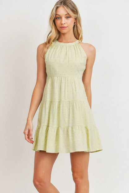 Sage Swiss Dot Halter Dress | Sleeveless & Elegant - minbolu -