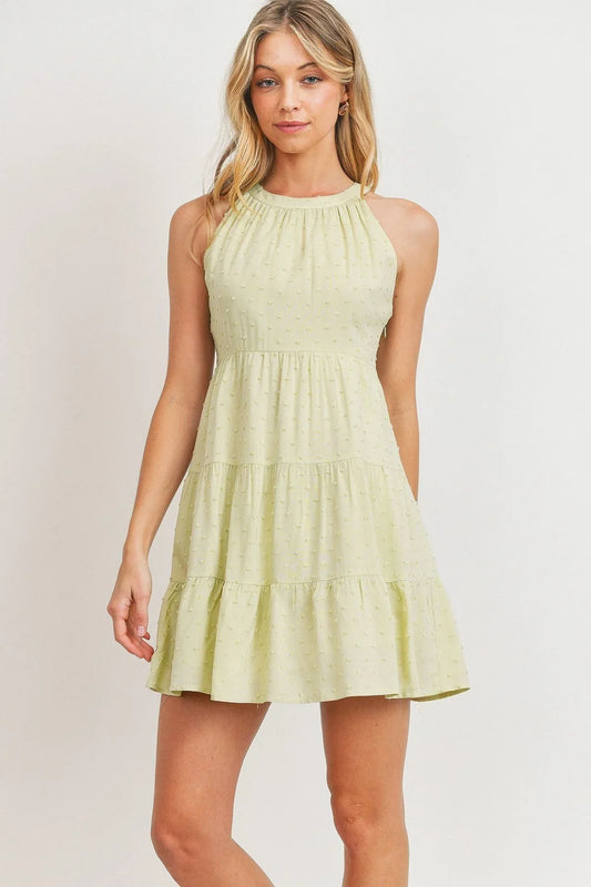 Sage Swiss Dot Halter Dress | Sleeveless & Elegant - minbolu -