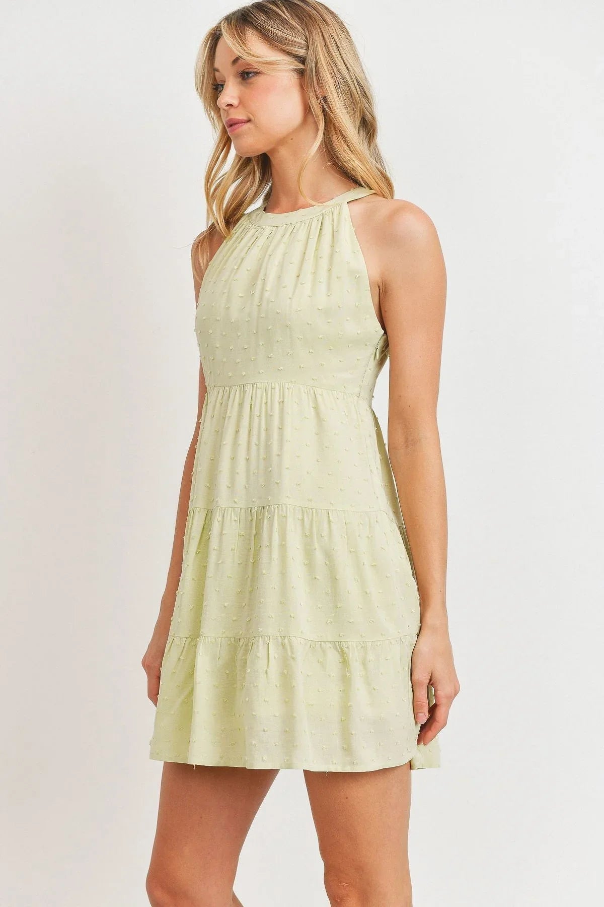 Sage Swiss Dot Halter Dress | Sleeveless & Elegant - minbolu -