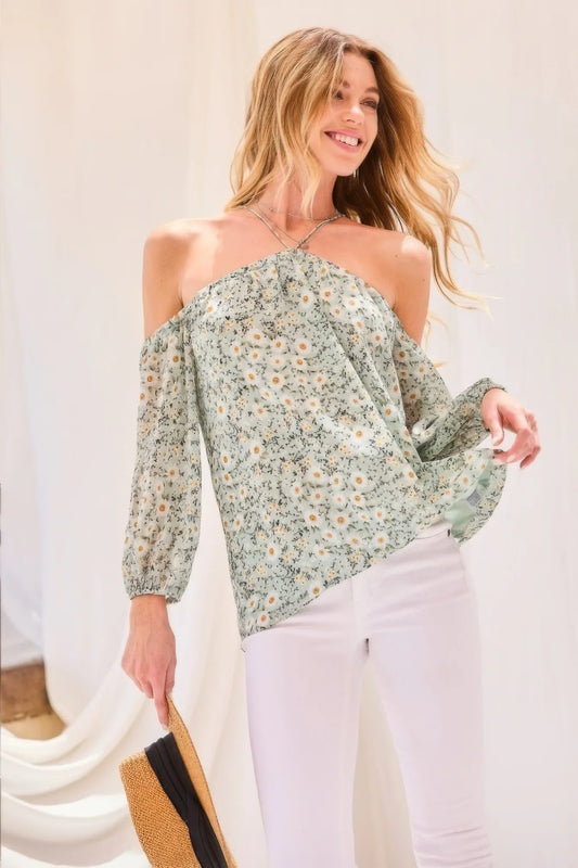 Floral Print Halter Neck Top with Balloon Sleeves - minbolu -