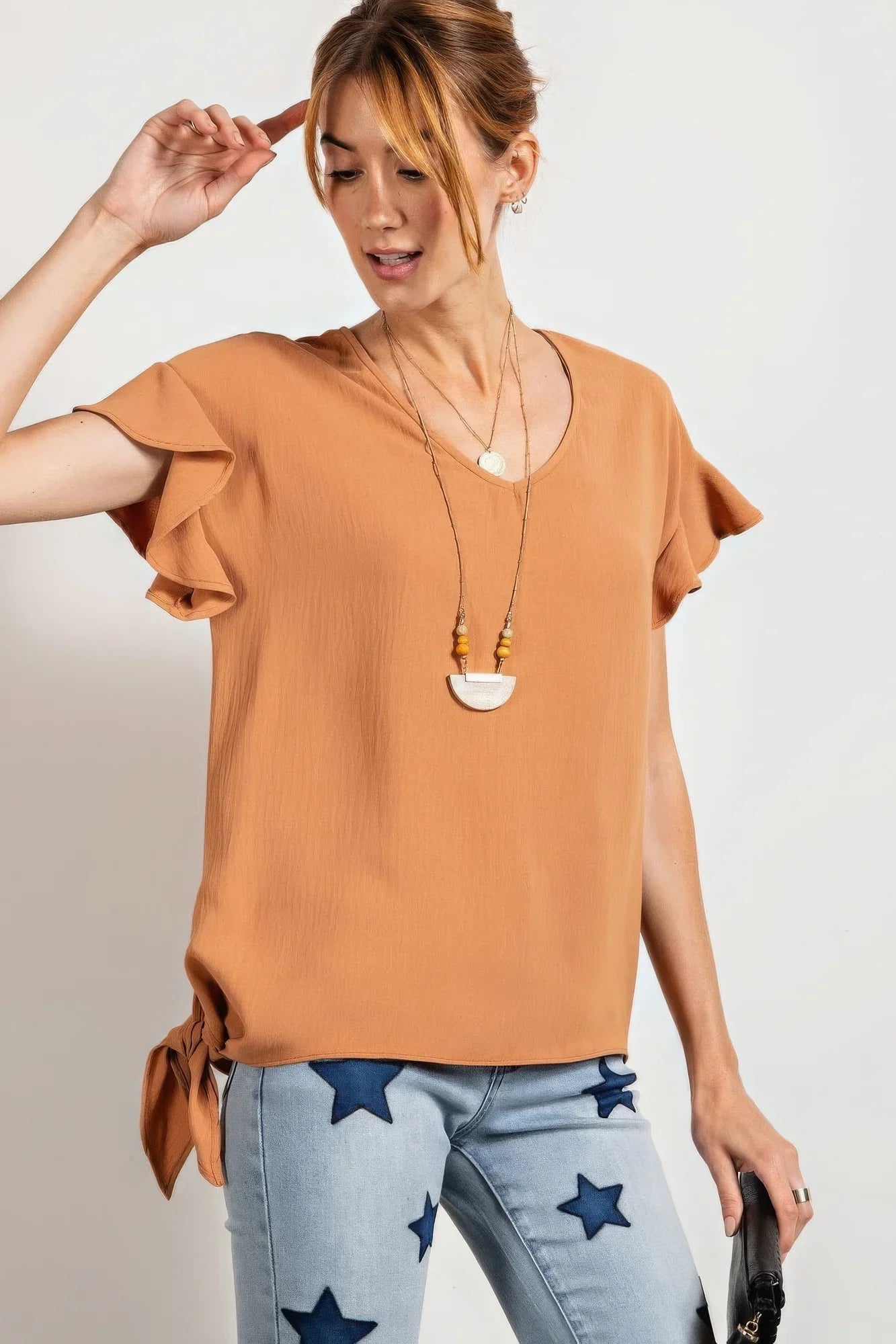 Women's V-Neck Wing Sleeves Top in Camel - minbolu -