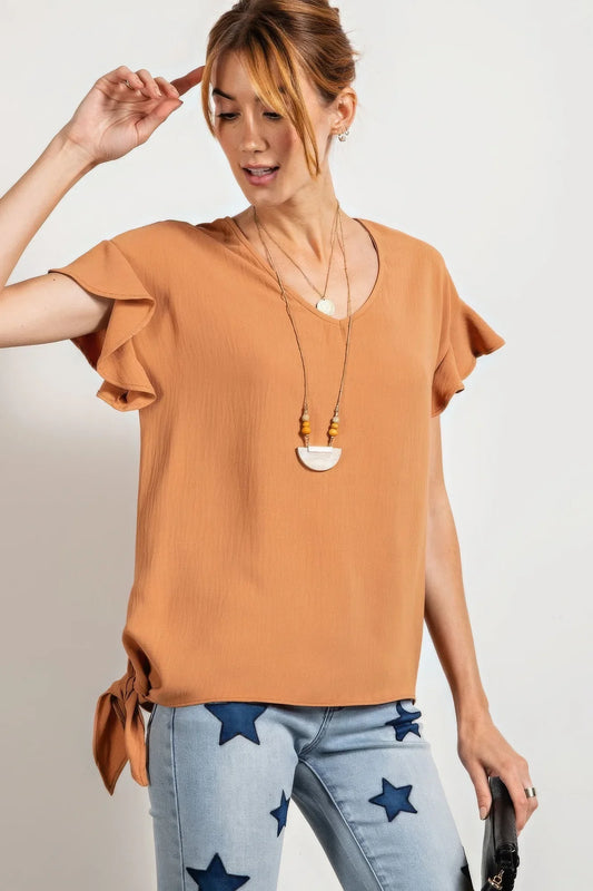Women's V-Neck Wing Sleeves Top in Camel - minbolu -