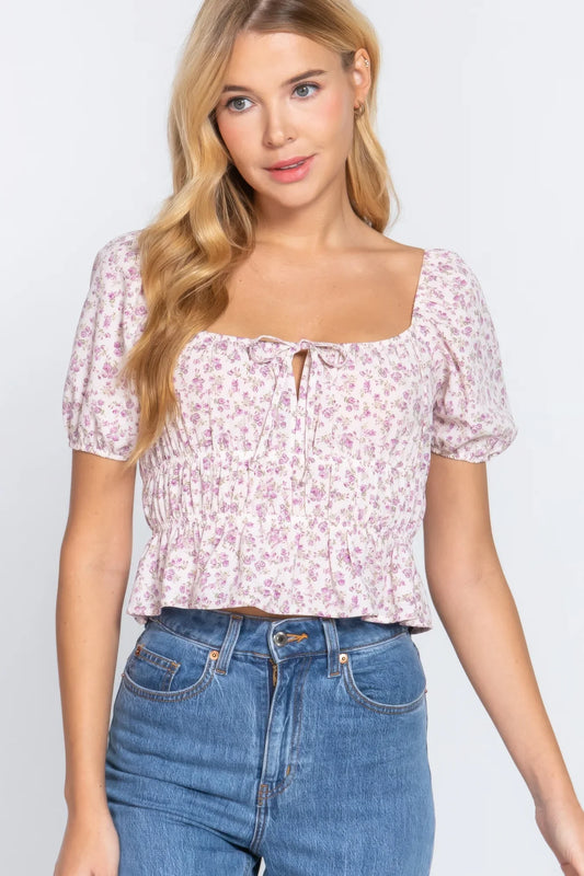 Short Sleeve Shirring Print Woven Top in Beige - minbolu -