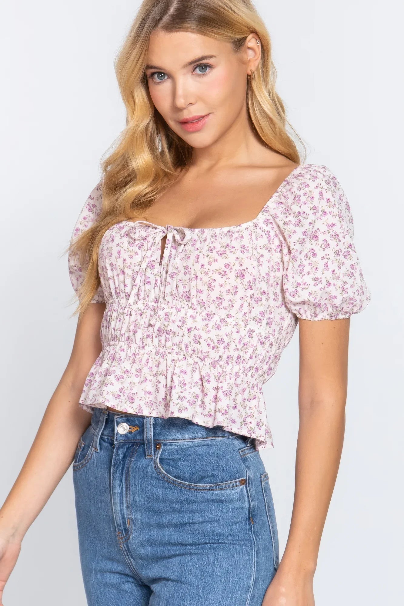 Short Sleeve Shirring Print Woven Top in Beige - minbolu -