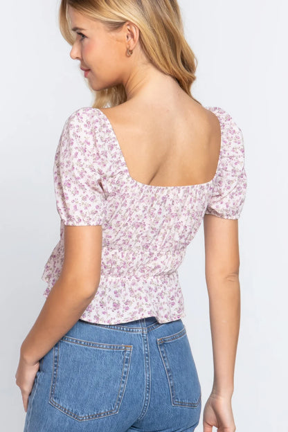 Short Sleeve Shirring Print Woven Top in Beige - minbolu -