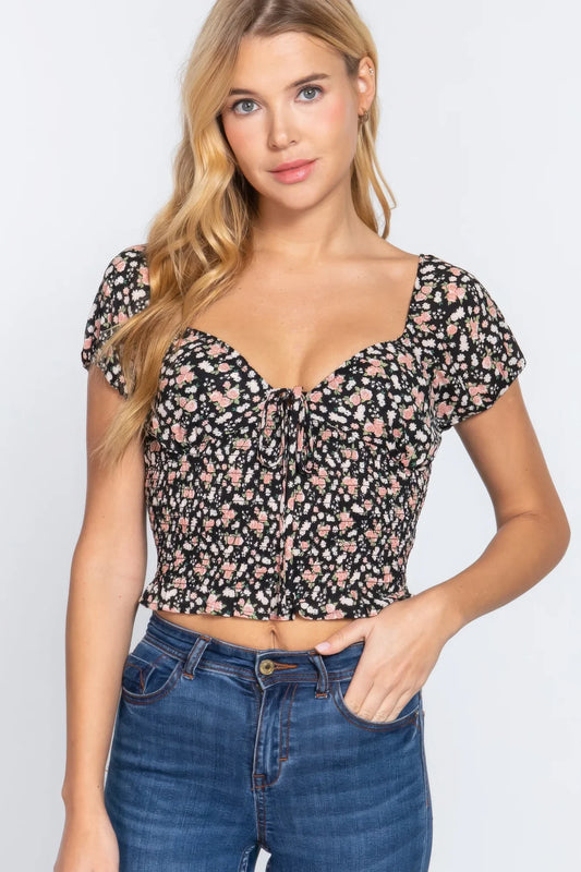 Short Sleeve Smocking Print Woven Top - Black - minbolu -