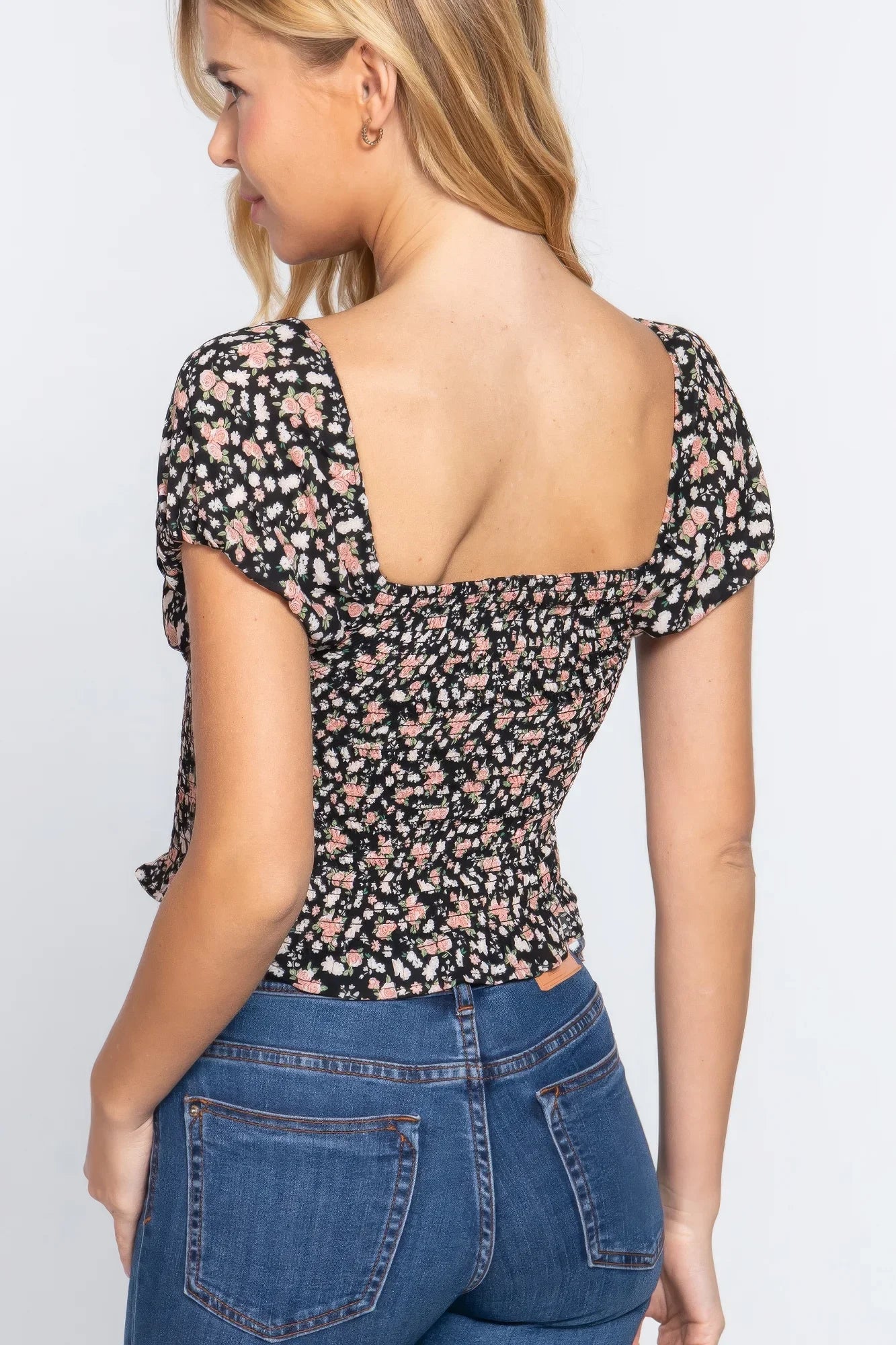 Short Sleeve Smocking Print Woven Top - Black - minbolu -