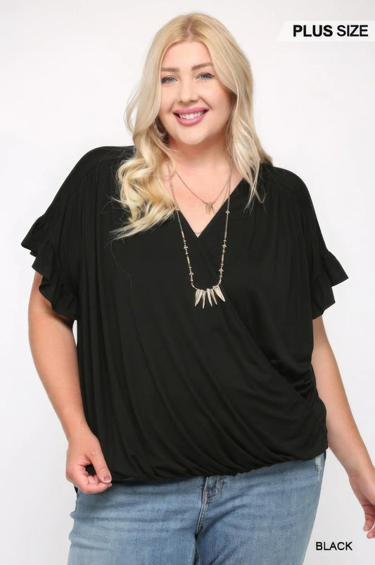 Black Surplice Top with Ruffle Sleeve - Chic & Elegant - minbolu -
