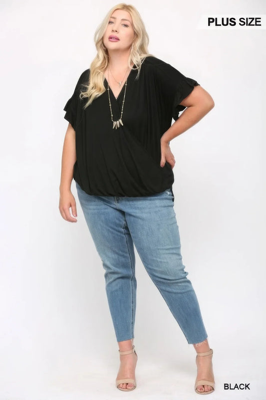 Black Surplice Top with Ruffle Sleeve - Chic & Elegant - minbolu -