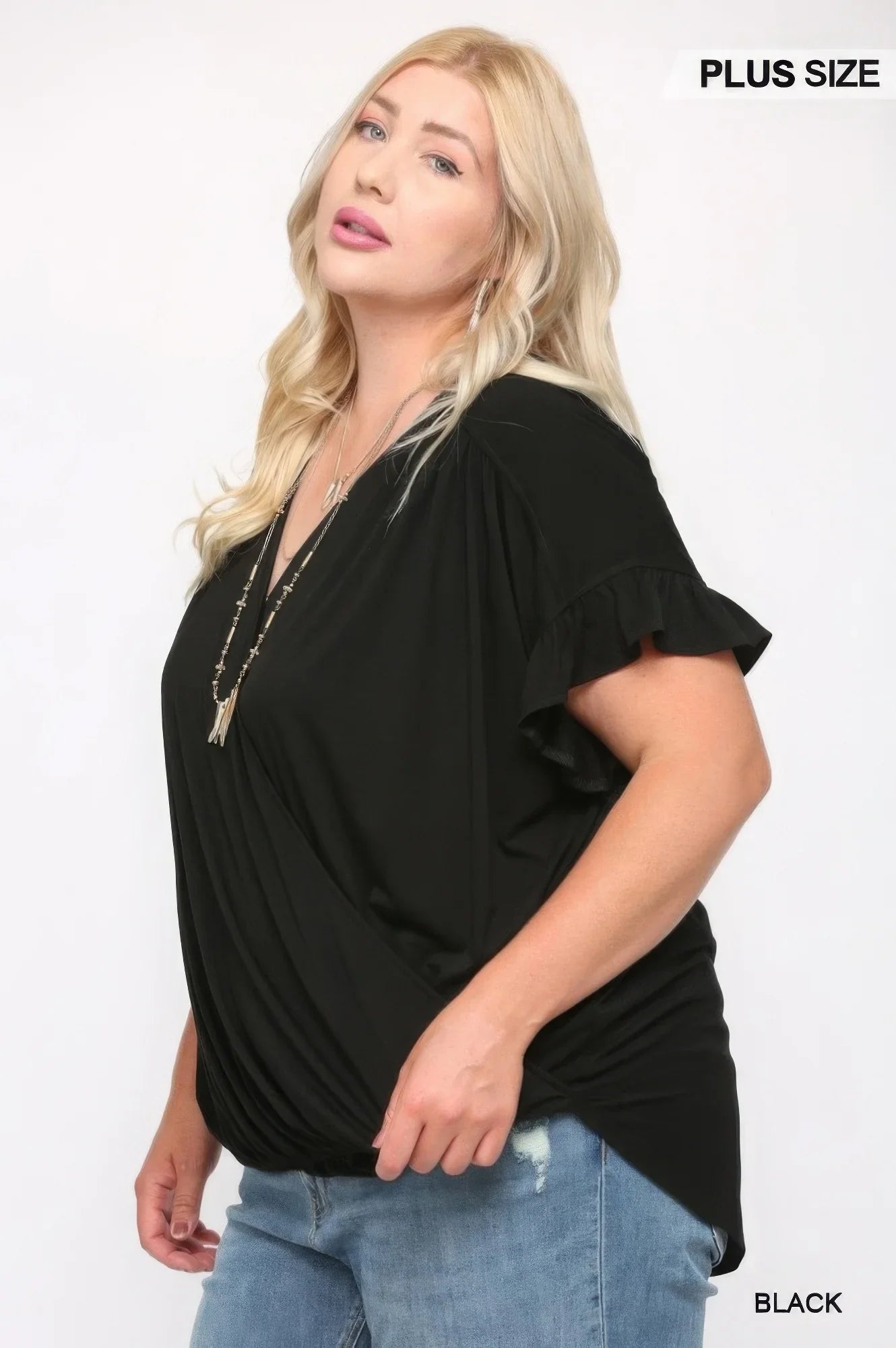 Black Surplice Top with Ruffle Sleeve - Chic & Elegant - minbolu -