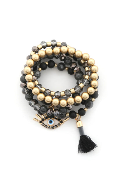 Evil Eye Bead Tassel Bracelet Set - minbolu -