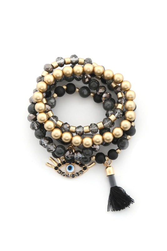 Evil Eye Bead Tassel Bracelet Set - minbolu -