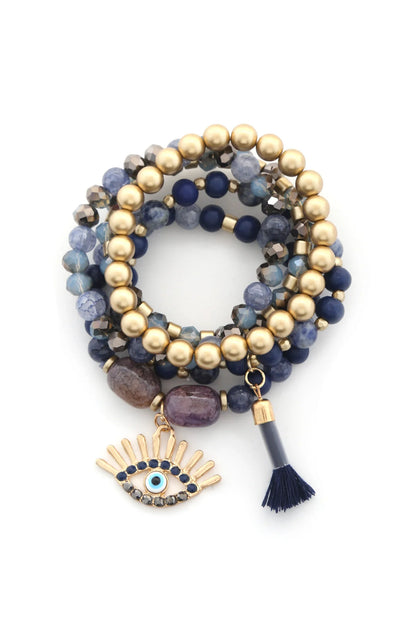 Evil Eye Bead Tassel Bracelet Set - minbolu -