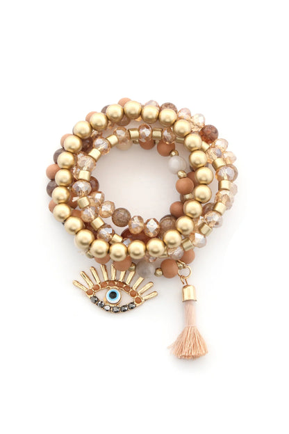 Evil Eye Bead Tassel Bracelet Set - minbolu -