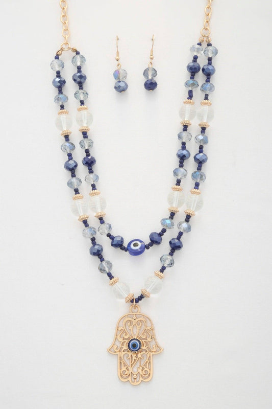 Hamsa hand pendant beaded layered necklace - minbolu -