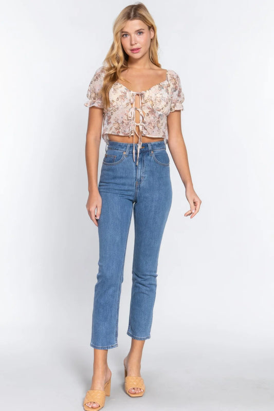 Floral Print Sweetheart Neck Top - Vanilla - minbolu -