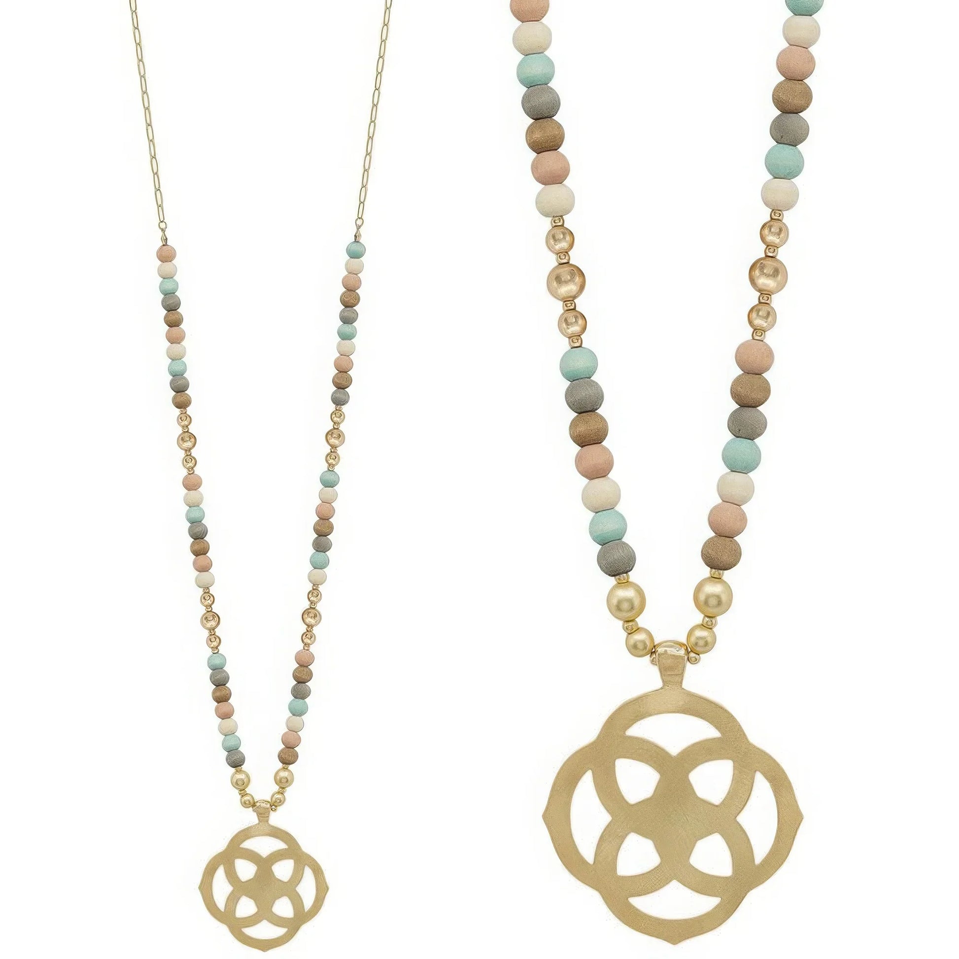 Flower Geometric Pendant Wood Bead Necklace - minbolu -