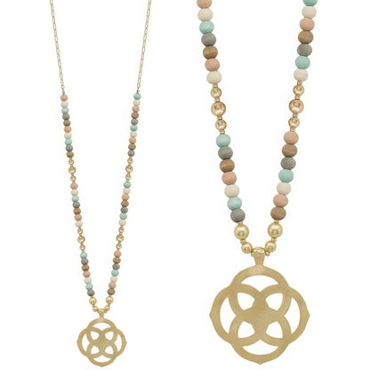 Flower Geometric Pendant Wood Bead Necklace - minbolu -