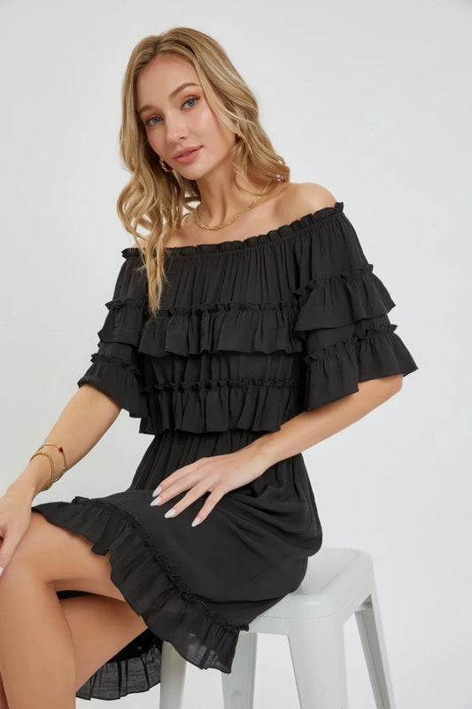 Bohemian Bliss Off Shoulder Ruffle Dress - Classic Black - minbolu -