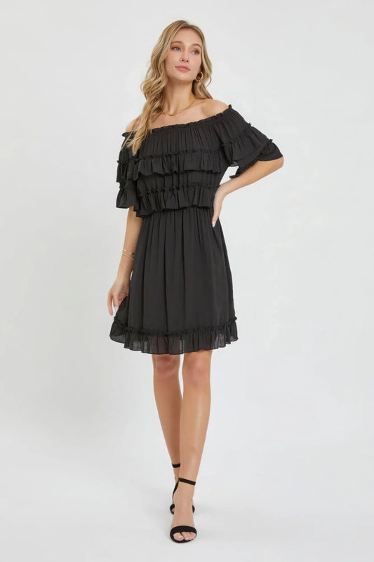 Bohemian Bliss Off Shoulder Ruffle Dress - Classic Black - minbolu -