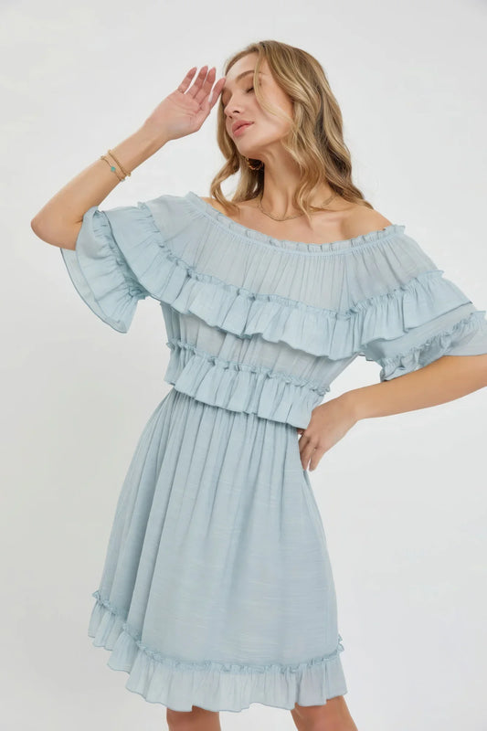 Misty Blue Bohemian Off Shoulder Ruffle Dress - minbolu -