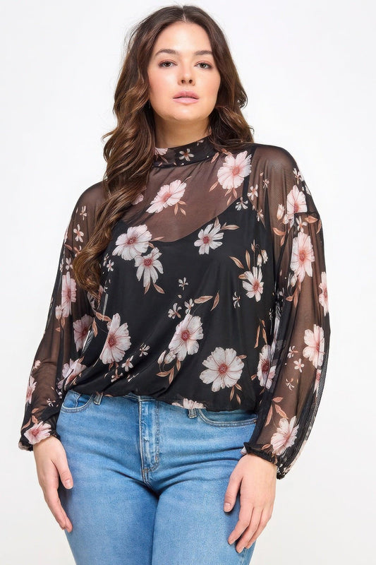 Mesh Floral Long Sleeve Top with Cami - Elegant & Comfortable - minbolu -