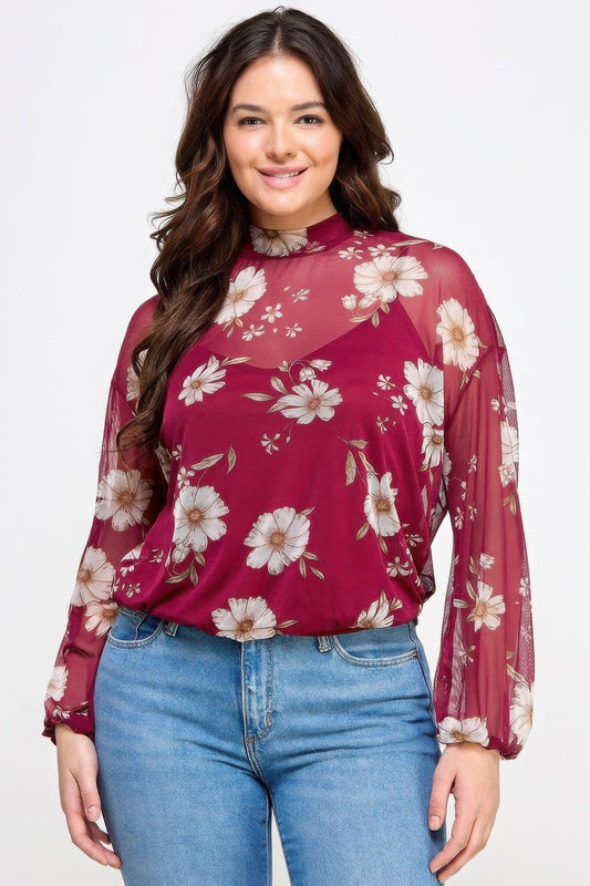 Mesh Floral Long Sleeve Top with Cami - minbolu -
