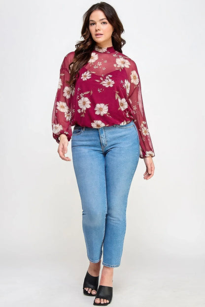 Mesh Floral Long Sleeve Top with Cami - minbolu -