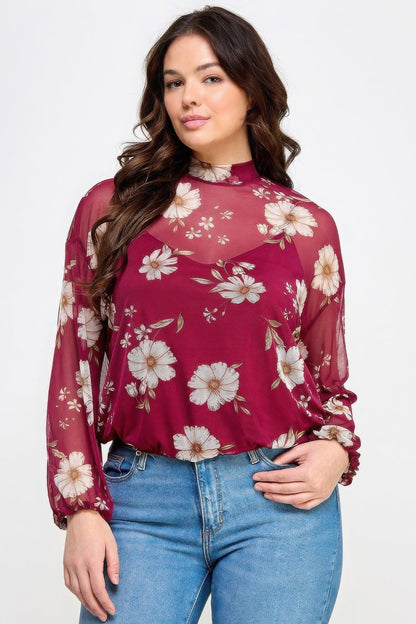 Mesh Floral Long Sleeve Top with Cami - minbolu -