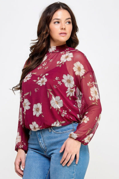 Mesh Floral Long Sleeve Top with Cami - minbolu -