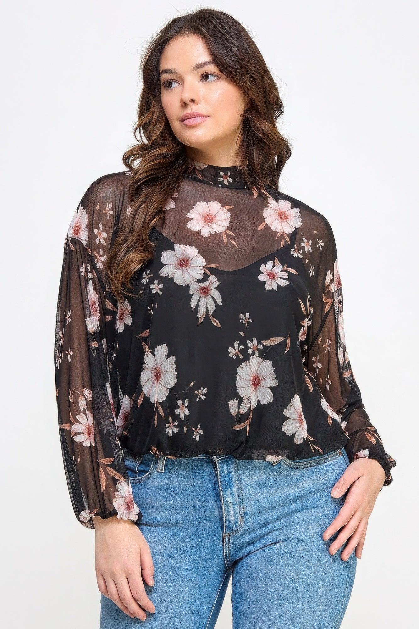 Mesh Floral Long Sleeve Top with Cami - Elegant & Comfortable - minbolu -