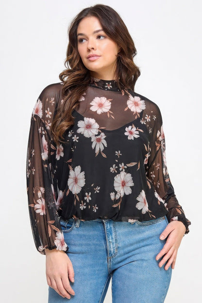 Mesh Floral Long Sleeve Top with Cami - Elegant & Comfortable - minbolu -