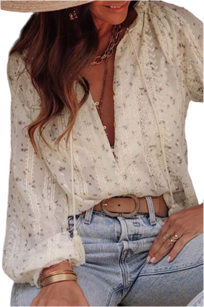 Frill Lace Detail Printed Long Sleeve Blouse - minbolu -