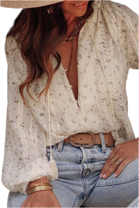 Frill Lace Detail Printed Long Sleeve Blouse - minbolu -