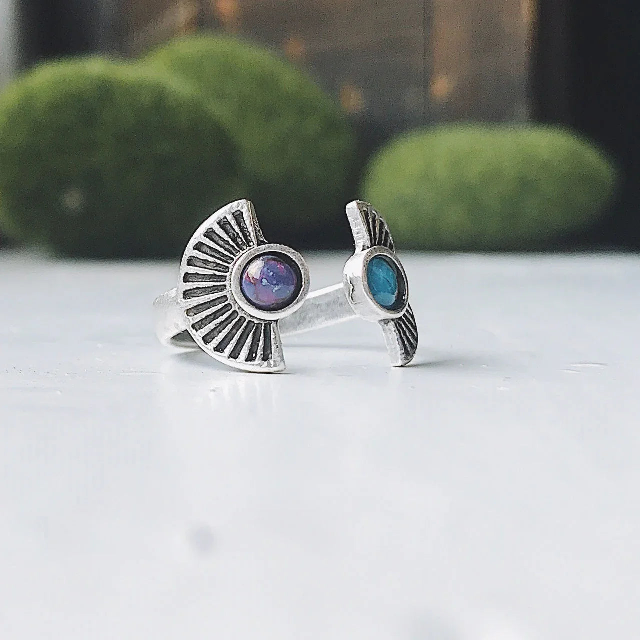 Dawn to Dusk - Two Stone Turquoise Boho Sunburst Ring - minbolu -