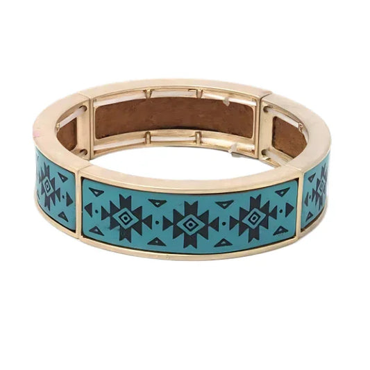 Aztec Pattern Metal Stretch Bracelet: Turquoise - minbolu -