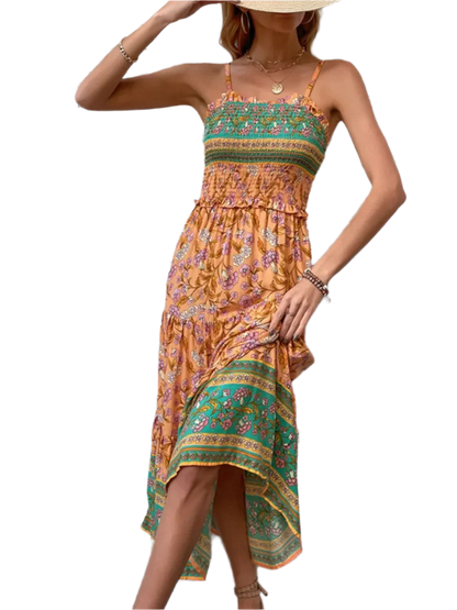 Boho Square Neck Midi Dress - minbolu -