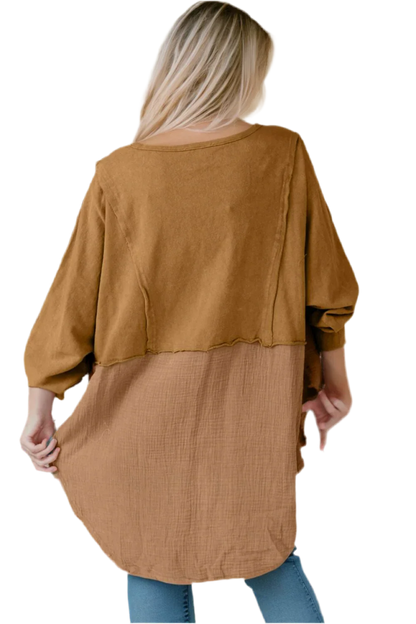 Oversized Boho Blouse with Contrast Textures - minbolu -
